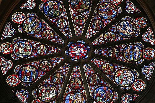 法国,里昂,圣珍大教堂,彩色玻璃,圆花窗,亚当,夏娃