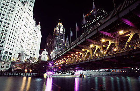 桥,芝加哥,夜晚