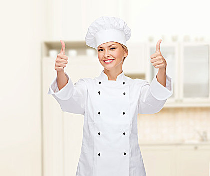 烹调,手势,概念,微笑,女性,厨师,烹饪,做糕点,展示,竖大拇指