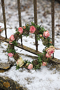 浪漫,花环,常春藤,叶子,玫瑰,雪中