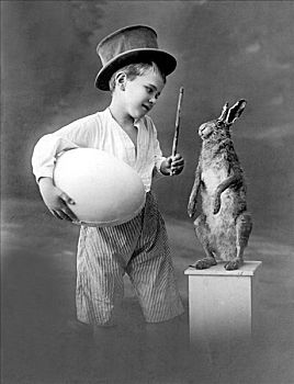 历史,照片,复活节,男孩,巨大,蛋,野兔