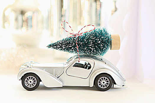 玩具车,圣诞树,房顶,模糊背景