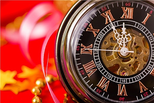 圣诞贺卡,旧式,手表,红色背景,金色,装饰