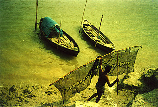 捕鱼,河,达卡,孟加拉,1998年