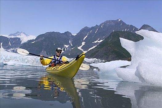 女人,皮划艇手,靠近,冰河,基奈,峡湾,国家公园,夏天