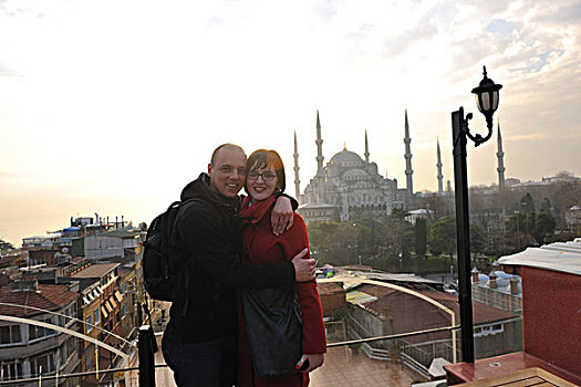 高兴,年轻,情侣,头像,户外,晴天,伊斯坦布尔,土耳其,美女,老,清真寺,日落,背景