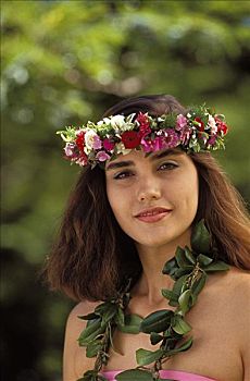 夏威夷,女人,传统,齐墩果状念珠藤,花环,彩色,头部