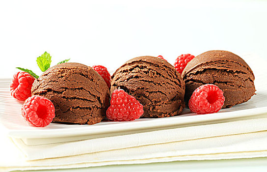 巧克力冰淇淋,新鲜,树莓