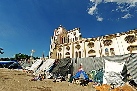 haiti,port,au,prince,tents,of,refugees,in,front,our,lady,the,assumption,cathedral,destroyed,and,ruin,after,earthquake