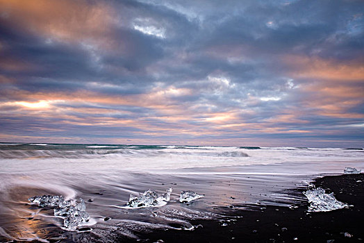 冰,大块,火山岩,海滩,靠近,杰古沙龙湖,南方,区域,冰岛,欧洲
