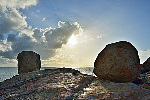 花冈岩,漂石,海岸,太阳,马掌,湾,昆士兰,澳大利亚