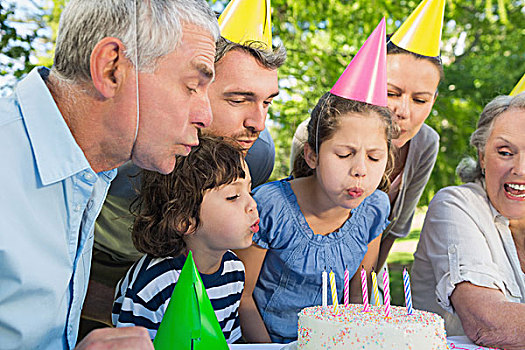 大家庭,派对帽,吹,生日蛋糕