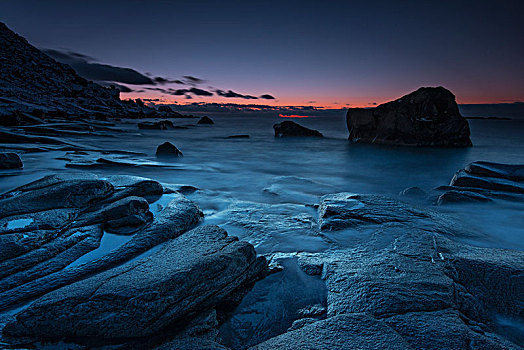 日落,峡湾,罗弗敦群岛,挪威,欧洲