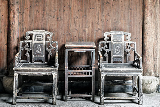 古代实木座椅,中国安徽省绩溪龙川景区胡氏宗祠