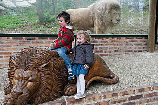 孩子,玩,狮子,雕塑,正面,围挡,动物园