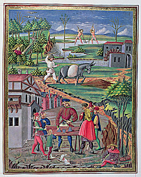 乡村生活,游戏,插画,彩色稿本,15世纪