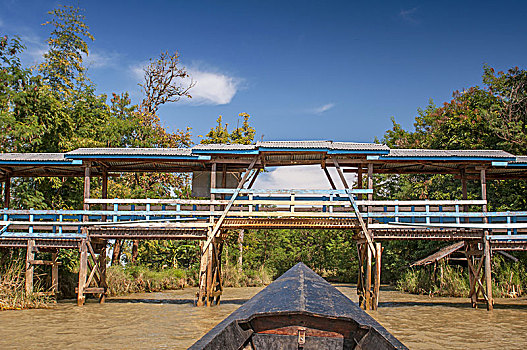 木船,旅行,木桥,运河,茵莱湖,掸邦,缅甸