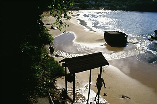 剪影,两个男人,风景,遥远,平静,海滩