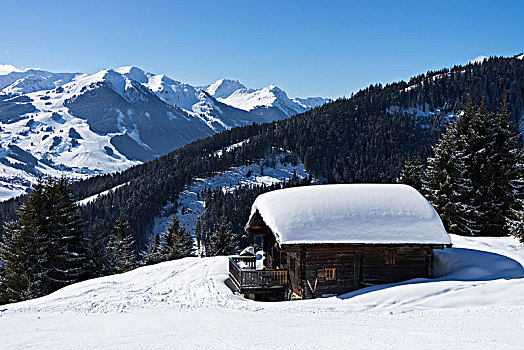 积雪,阿尔卑斯小屋,山景,萨尔茨堡,奥地利,欧洲