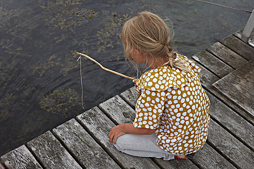 女孩,钓鱼,湖