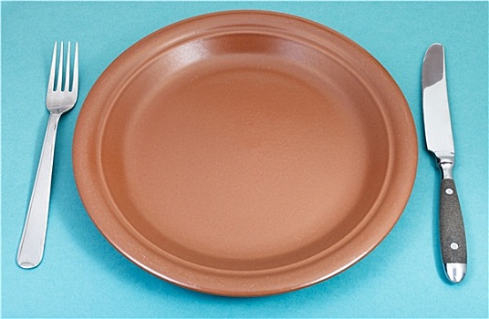 褐色,陶瓷,盘子,叉子,刀,绿色