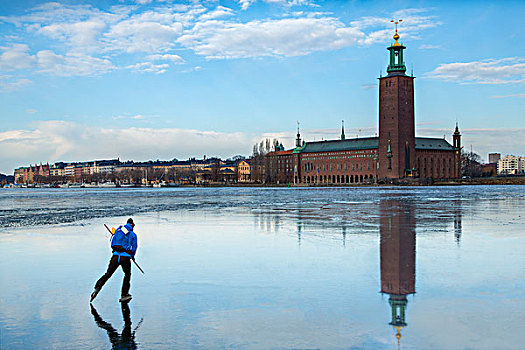 人,滑冰,海洋,斯德哥尔摩,市政厅,背景,瑞典