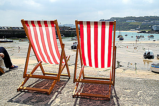 两个,空,折叠躺椅,海岸,英国