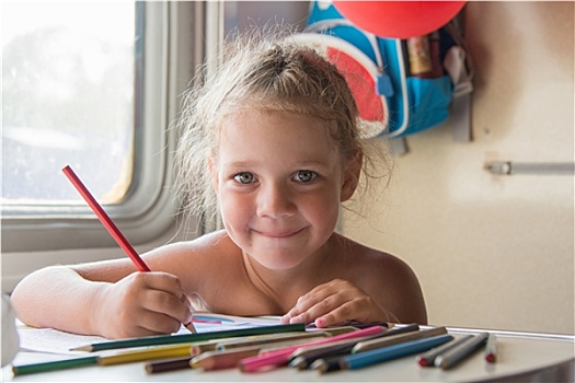 高兴,小女孩,绘画,铅笔,桌子,列车