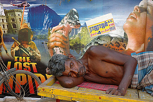 一个,男人,睡觉,人力车,手推车,坦贾武尔,泰米尔纳德邦,印度,2005年