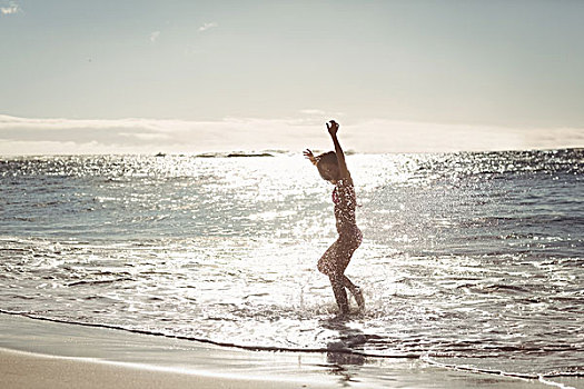 女人,玩,水中,悠闲,海滩