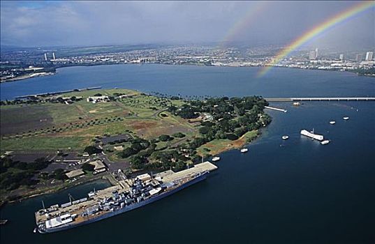 夏威夷,瓦胡岛,俯视,美国军舰,密苏里,停靠,珍珠,港口,亚利桑那军舰纪念馆