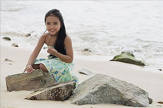 女孩,坐,海滩,石头