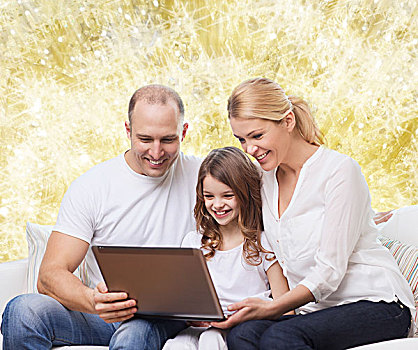 家庭,孩子,休假,科技,人,概念,微笑,笔记本电脑,上方,黄金,背景