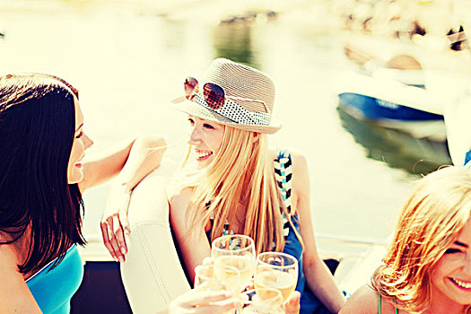 暑假,度假,女孩,香槟,玻璃杯,船,游艇