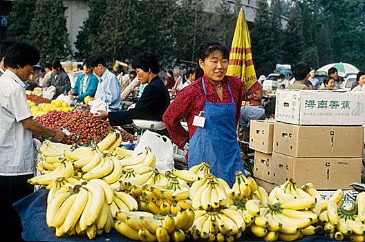 香蕉,销售,露天市场,北京,中国,五月,2000年