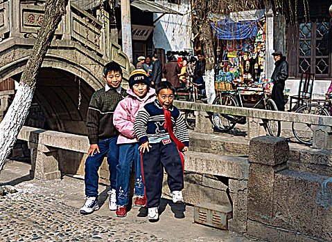 孩子,柱子,照片,甪直,中国