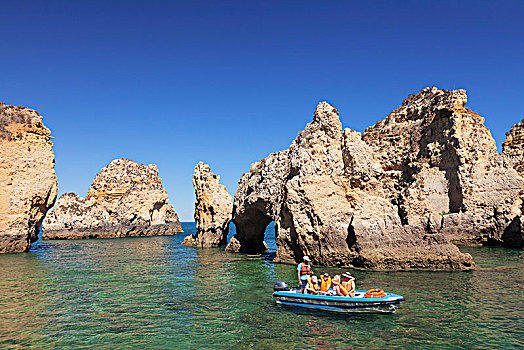 游船,探索,岩石海岸,靠近,拉各斯,阿尔加维,葡萄牙