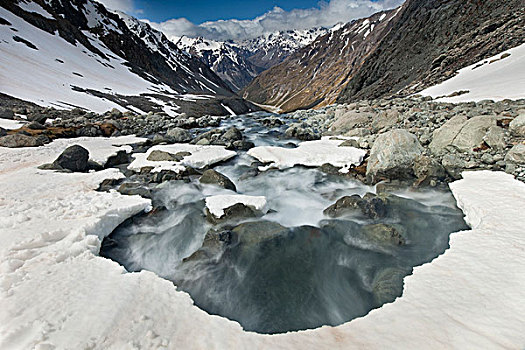 白色,河,急流,流动,上方,春天,雪堆,国家公园,坎特伯雷,新西兰