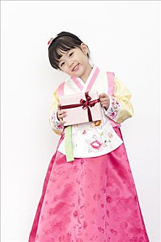 女孩,韩国人,传统服装,拿着,礼盒