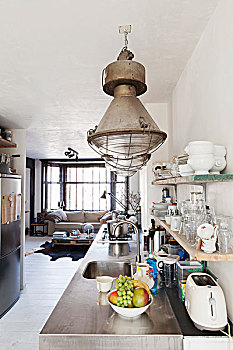 厨房操作台,不锈钢,仰视,吊坠,灯,室内
