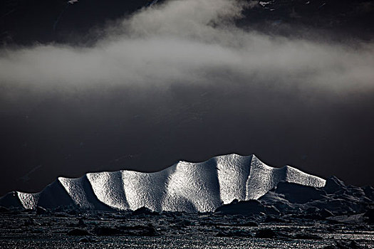 棱纹,冰山,雾,云,峡湾,格陵兰东部,八月,2009年