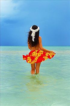 夏威夷,美女,女孩,穿,白色,智慧,红色,黄色,沙滩裙,站立,海洋,后面