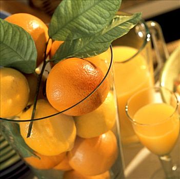 柠檬,橘子,叶子,玻璃,橙汁
