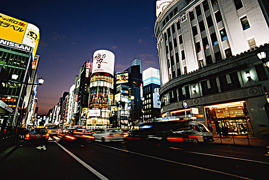 日本,东京都,银座,晚间,风景,街道,交通,大幅,尺寸