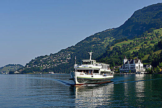 全景,船,公园,酒店,后面,琉森湖,卢塞恩市,瑞士,欧洲