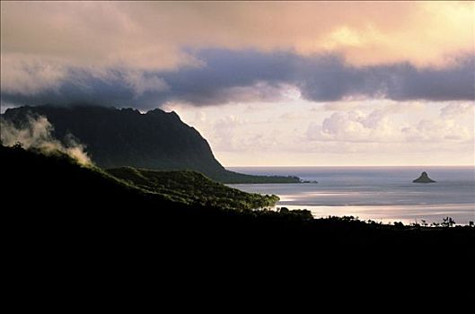 夏威夷,瓦胡岛,卡内奥赫湾,日出,光亮,云,上方,斗笠岛,山峦