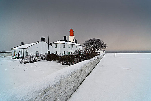 积雪,栅栏,灯塔,建筑背景,南,泰恩-威尔,英格兰