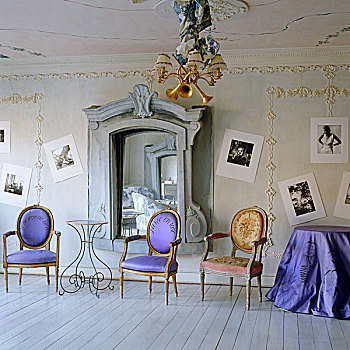 法国,灵感,客厅,黑白照片,墙壁,扶手椅