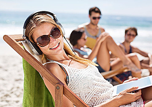 头像,高兴,女人,听,耳机,海滩