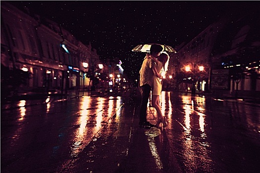 爱情,雨,剪影,吻,情侣,伞